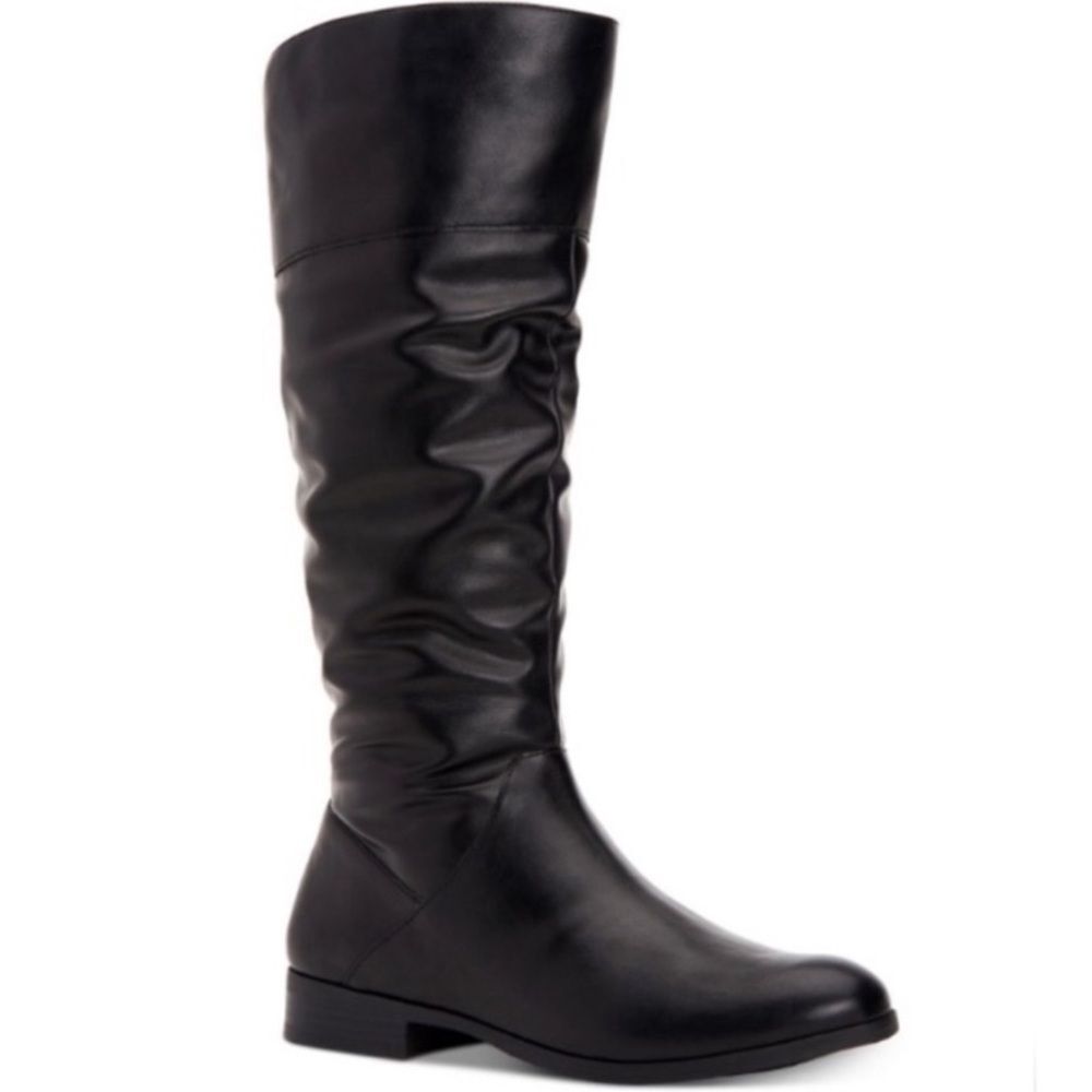 Style & Co Kelimae Black Scrunched Tall Riding Boots Faux Leather Vegan Low Heel